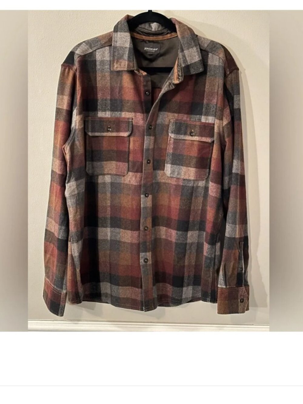 Jeremiah Brown Red Gray Wool Blend Flannel Button Down Shirt Jacket